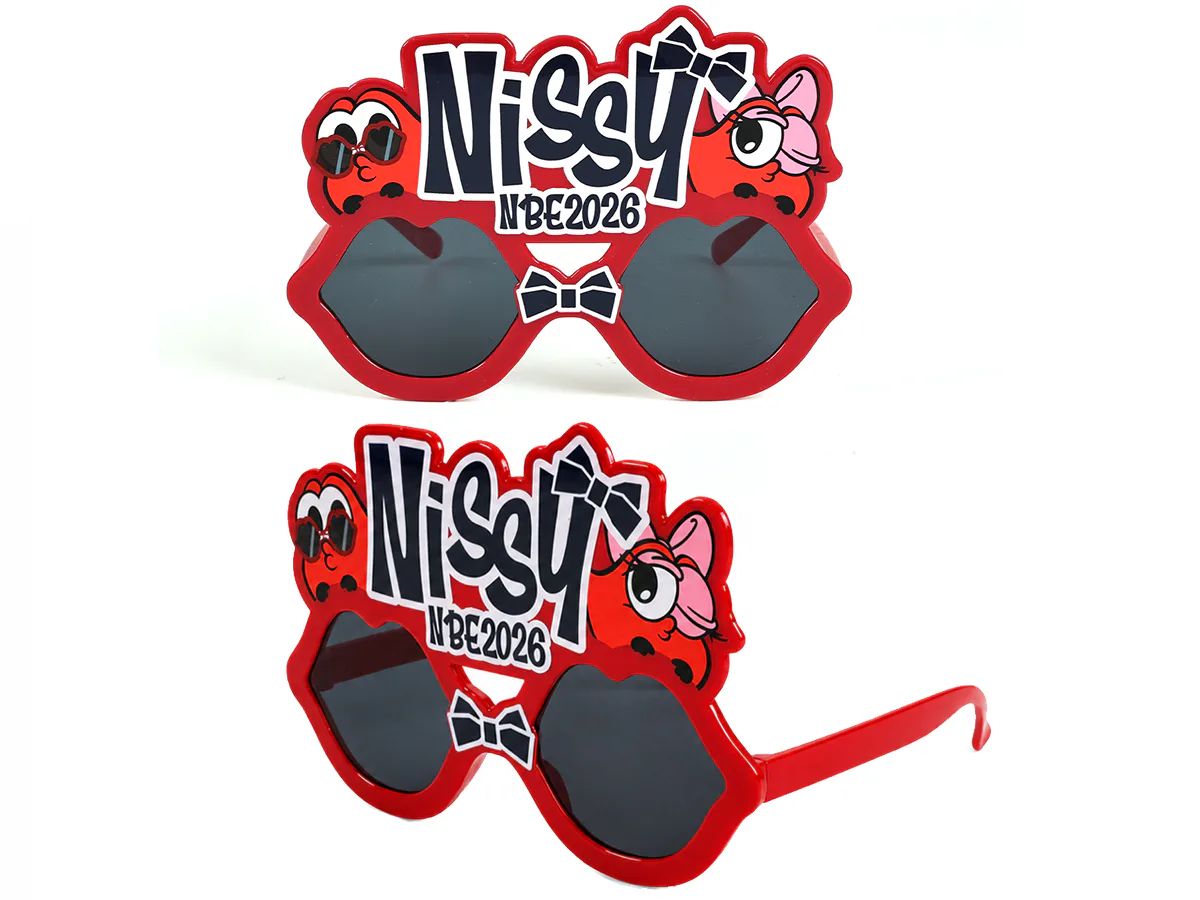 Finished red logo-shaped sunglasses developed from a Japanese customer drawing