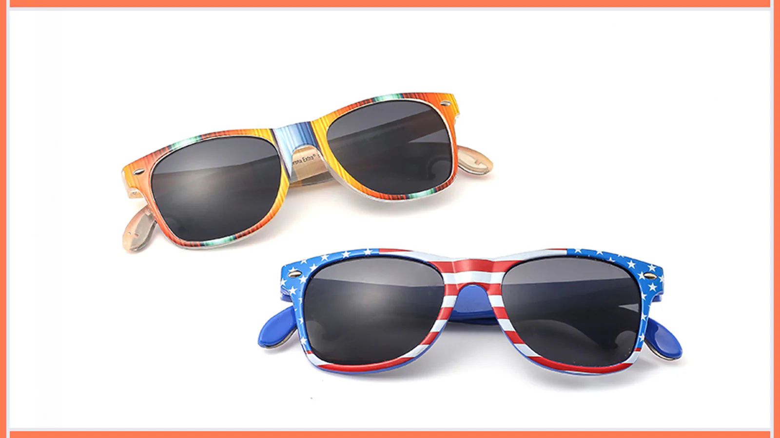 Two sunglasses with custom printed frame colors and patterns