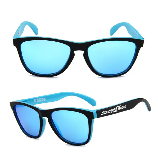 Black and blue DM-510 custom sports sunglasses with blue mirrored lenses shown from front and angled views with sample branding