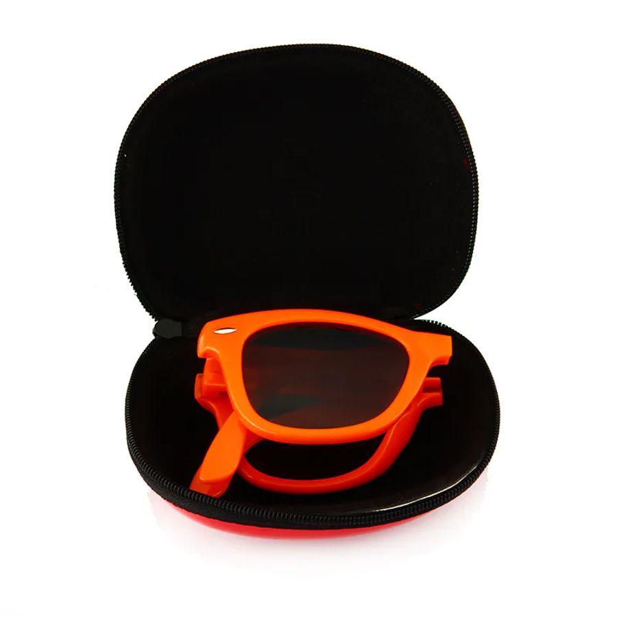 Folded orange DM-513 sunglasses inside a compact zippered case