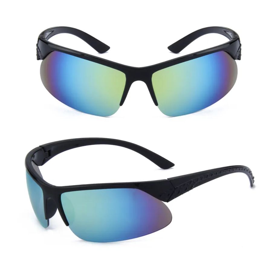 Black wraparound sports sunglasses DM-502 with blue mirrored lenses shown from front and angled views