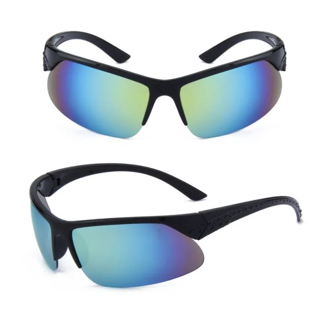 Black wraparound sports sunglasses DM-502 with blue mirrored lenses shown from front and angled views