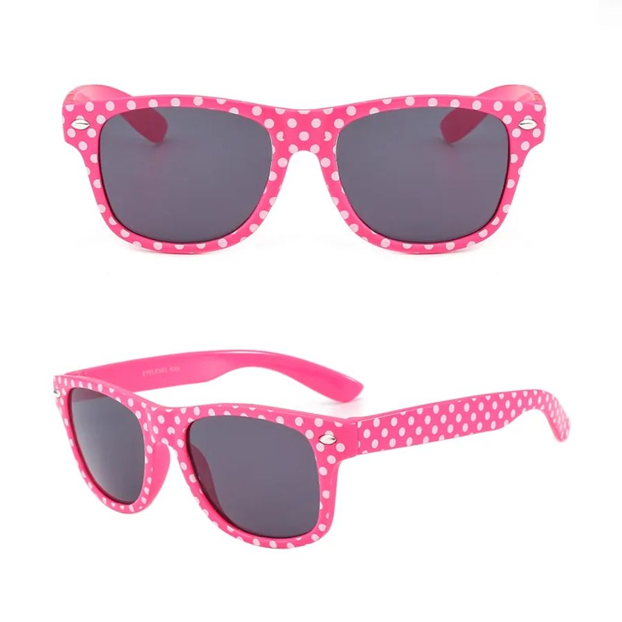 DMKIDS-581 pink polka-dot kids sunglasses in front and three-quarter views