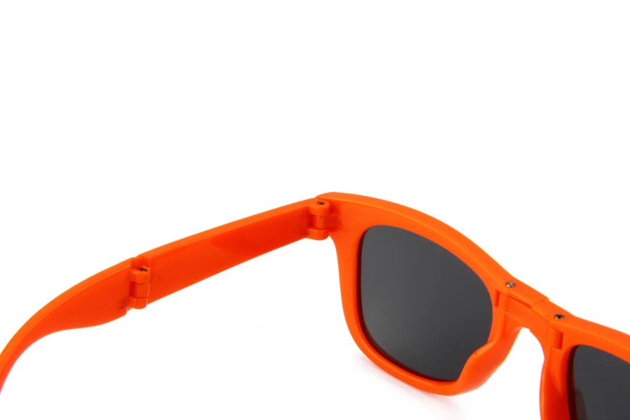Open orange DM-513 sunglasses showing the front folding hinges