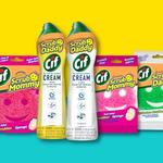A selection of Cif Cream products together with Scrub Daddy sponges and scouring pads