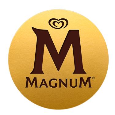 Logo de Magnum. Se observa un círculo dorado con la "M" de Magnum adentro color café y arriba el corazón de Holanda en el mismo color. La leyenda de "Magnum" se encuentra debajo de la "M". Es considerado el "sello" de Magnum.
