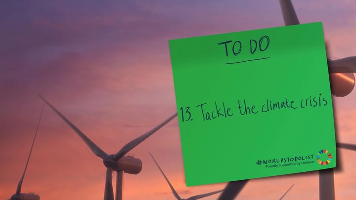 Banner with wind turbines image and then a green sticky note on the right-hand side  #WorldsToDoList
