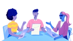 An illustration of three people sitting at a table