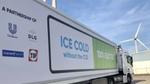 Truck trailer showing partner logos as well as the words “Ice cold without the CO2” and “100% Electric” in large letters.