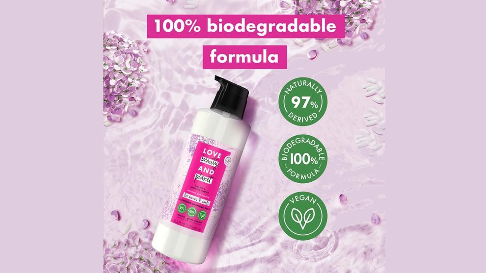 Overhead image of Love Beauty and Planet biodegradable shampoo