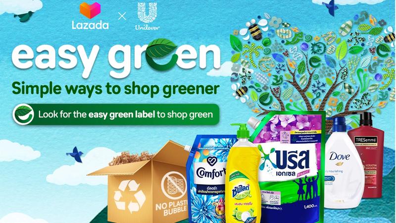 Poster about Easy Green campaign by Unilever on e-commerce platform Lazada, featuring five Home Care products that meet the Easy Green criteria
