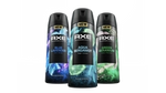 Three cans of Axe Fine Fragrance body spray in variants Blue Lavender, Aqua Bergamot and Green Geranium.