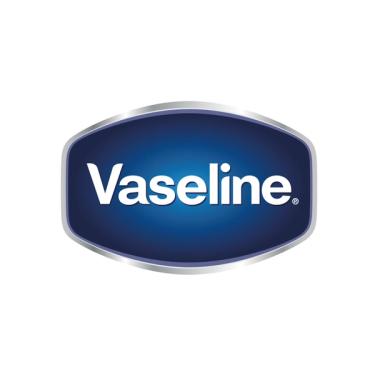 The word Vaseline is written in white letters on an irregularly shaped dark blue rectangle, outlined with silver