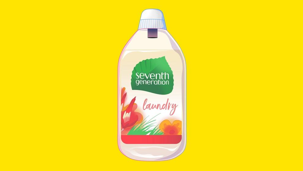 Illustration of Seventh generation laundry bottle on a yellow background