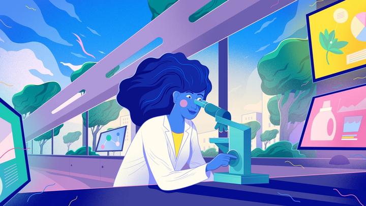 An illustration of a scientist looking through a microscope