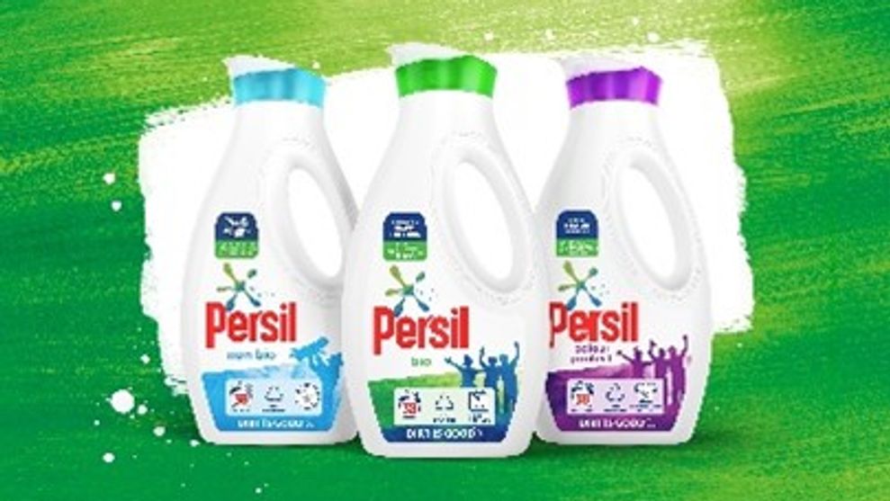 Three Persil bottles made from recycled plastic.