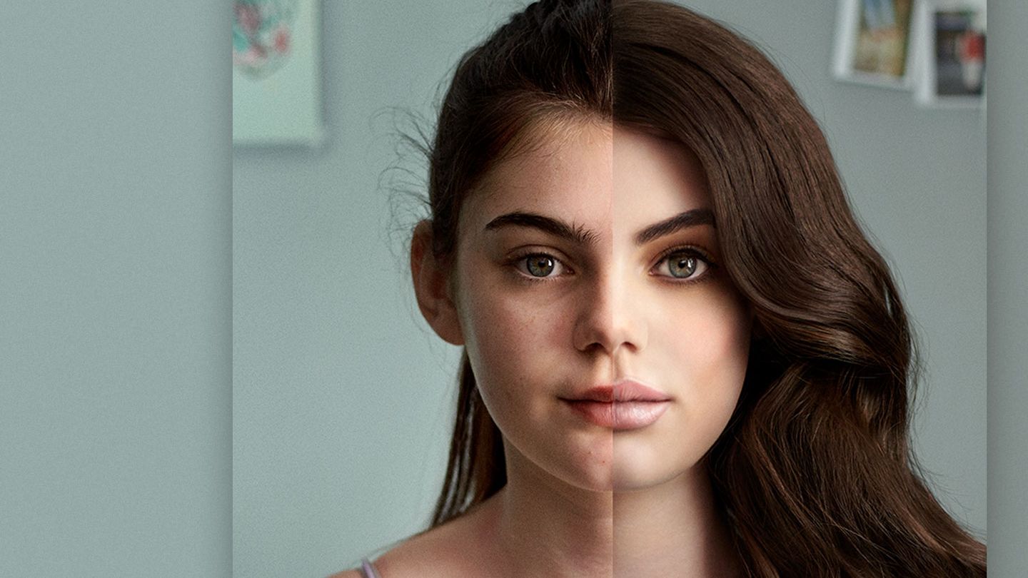 Split image of a young girl – half the image of her with no filter, the other using a retouching app