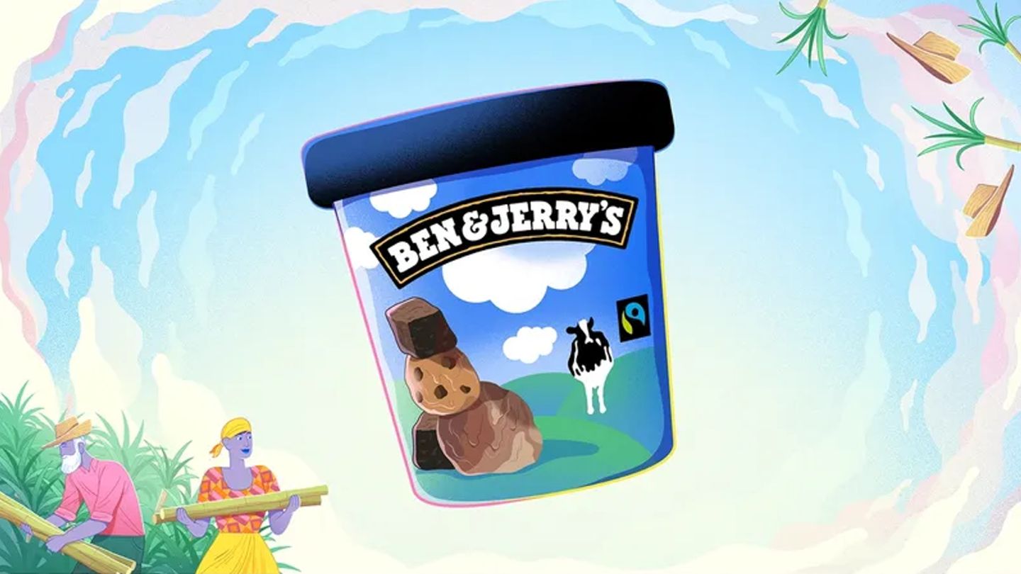 Paysage de Ben and Jerry’s avec de la crème glacée. Producteurs de canne à sucre de Fairtrade, homme et femme.