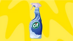 Illustration of a Cif spray bottle on a yellow background