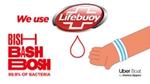 An animated hand catching a droplet of hand sanitiser from the Lifebuoy logo, while sharing the Bish, Bash, Bosh slogan