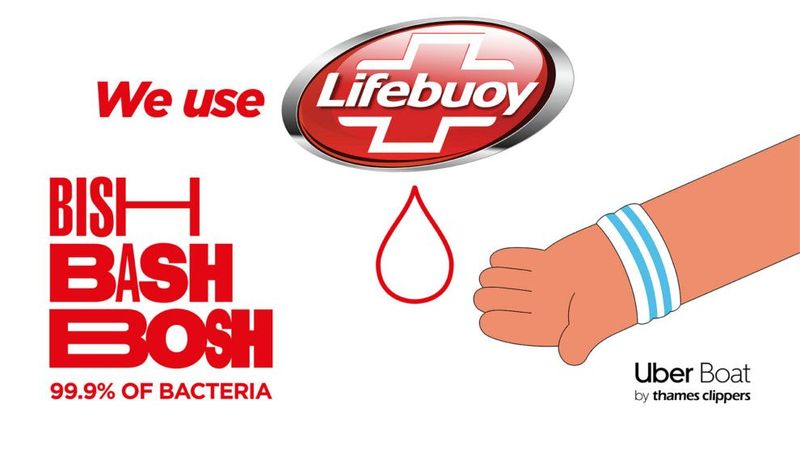 An animated hand catching a droplet of hand sanitiser from the Lifebuoy logo, while sharing the Bish, Bash, Bosh slogan