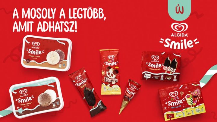 Piros háttéren Algida Smile termékek: dobozos fagyi, jégkrém, 6-os csomag. Felirat: "A mosoly a legtöbb, amit adhatsz!"