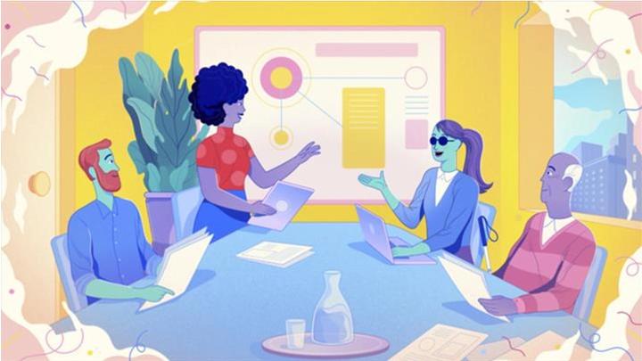 Világos és színes Unilever illusztráció, négy személy egy irodában megbeszélést tart egy asztalnál.