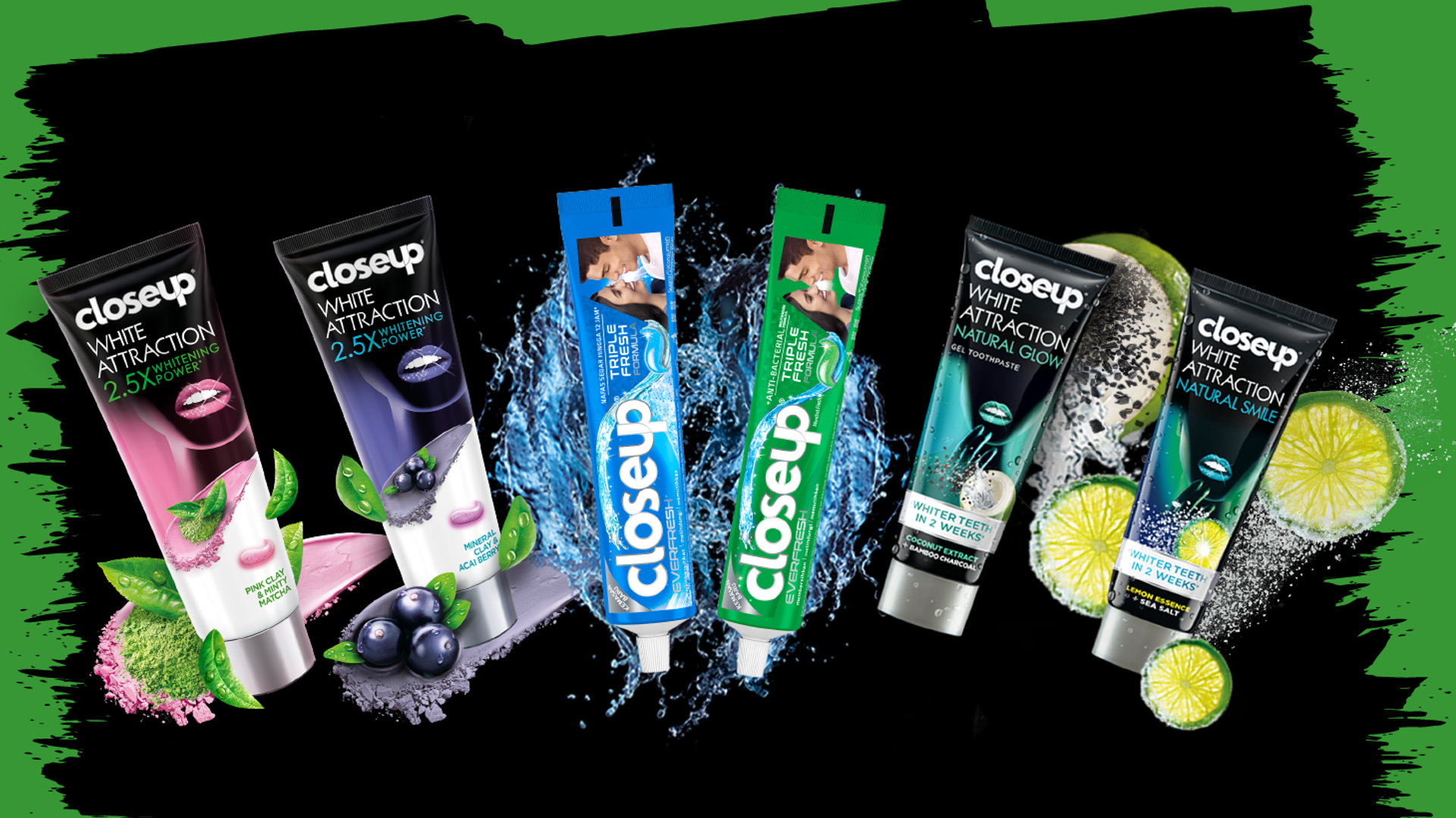 Closeup toothpaste products: Closeup White Attraction Pink Clay & Minty Matcha, Closeup White Attraction  Mineral Clay & Acai Berry, Closeup Icy White, Closeup Everfresh,  Closeup Icy White, Closeup White Attraction Natural Glow and Closeup White Attraction  Natural Smile