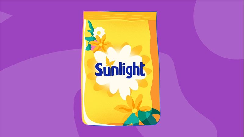 Illustration of a pack of yellow Sunlight dishwash product on a purple background