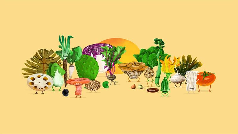 Illustrations of various cartoon vegetables