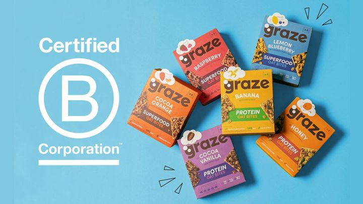 An image of the different graze oat bites on a blue background positioned next to the certification of B corporation.