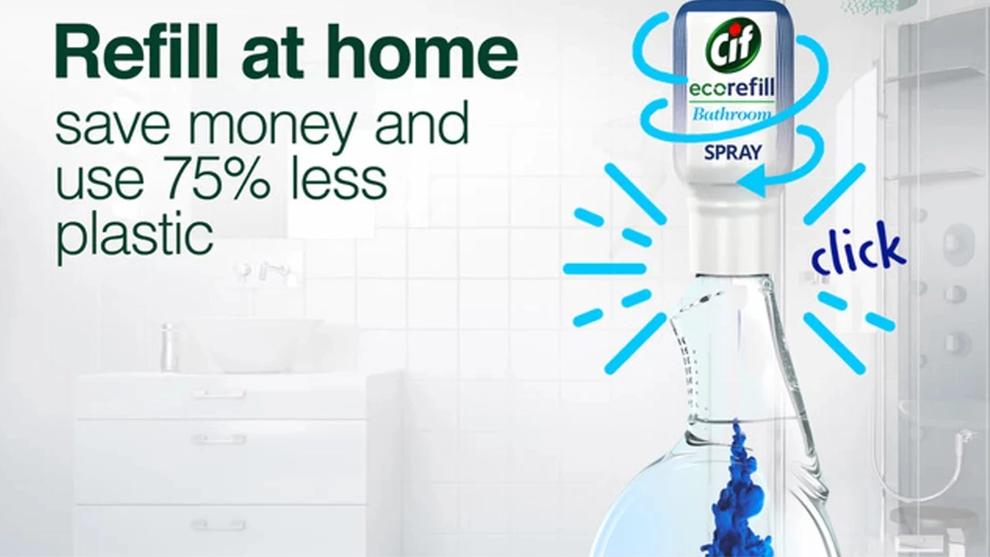 Cif ecorefill being added to reusable spray bottle