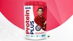 A tub of Horlicks Protein Plus, with an image of a man drinking a cup of the Protein Plus, along with the text ‘Horlicks Protein Plus with high quality protein