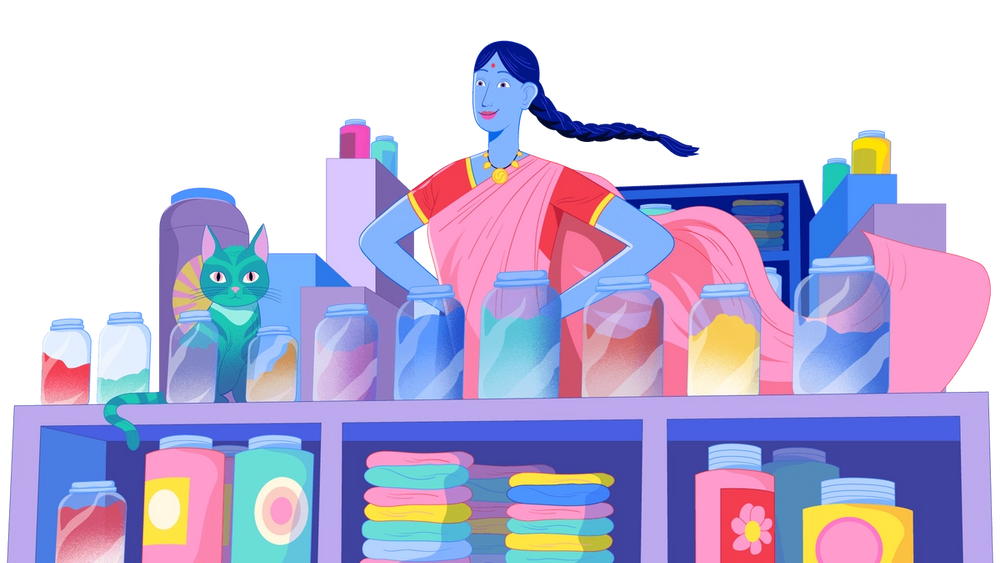 Woman and her cat behind the shop counter