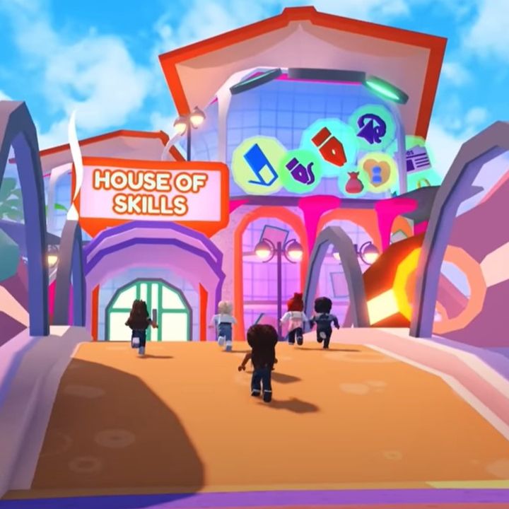 A still from Sunsilk’s Roblox world. A girl avatar runs towards the House of Skills to find free learning resources.