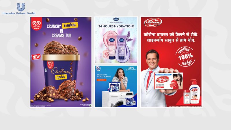 A collage of HUL brand ads - Kwality Wall's,  Vaseline, Surf excel and a Public Service Announcement by Lifebuoy