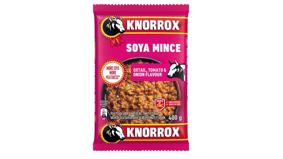 A purple packet of Knorrox Soya Mince, including the text 'oxtail, tomato & onion flavour'