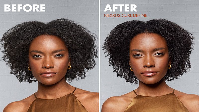 Two images of a women before and after using the Curl Define product range