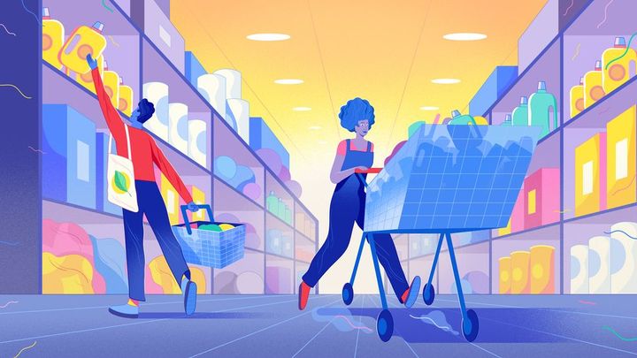 Süpermarkette alışveriş yapan insanlar illüstrasyonu
