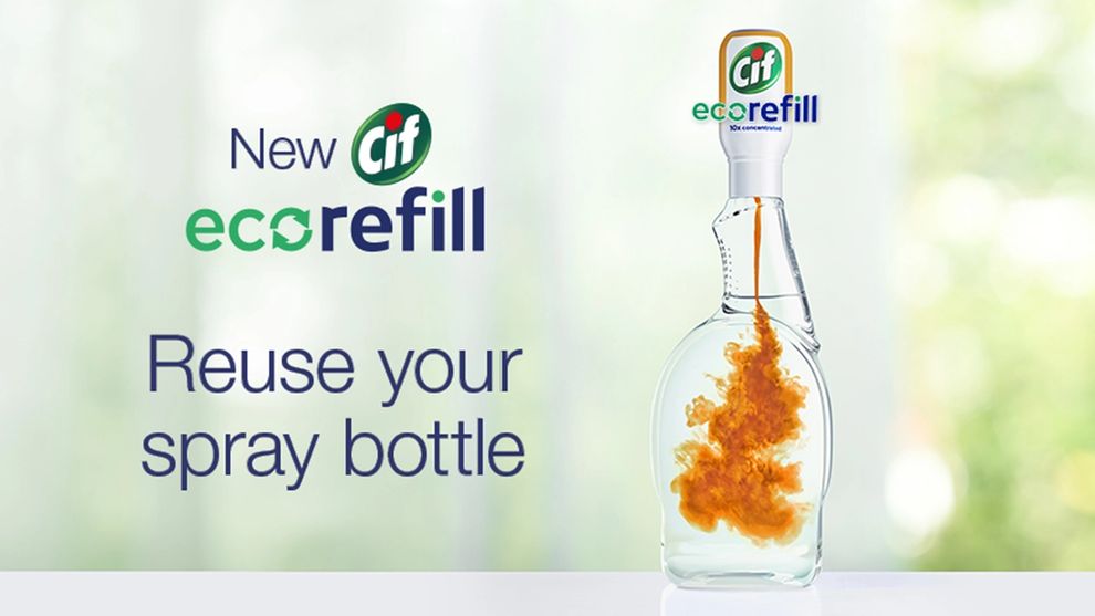 Cif ecorefill being added to a spray bottle of water