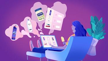 Illustration of woman looking at Unilever brands.