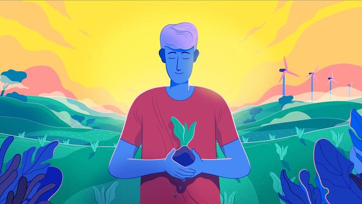 An illustration of a man holding a plant in his hands