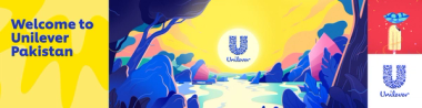 'Welcome to Unilever Pakistan' text, the Unilever logo, and illustrations of a sunset and an ice cream and mouth