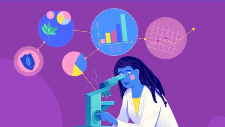 Illustration of scientist analysing data on a microscope