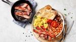 Image of scrambled eggs with The Vegetarian Butcher NoBacon, beans and tomatoes, toast and mushrooms