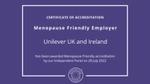 Certificate of Accreditation, Menopause Friendly Employer Unilever UKI and Ireland
