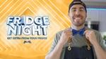Man in apron and bowtie with Fridge Night logo