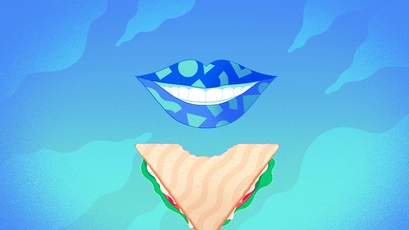 Cloud background with smile and sandwich with salad and mayonnaise
