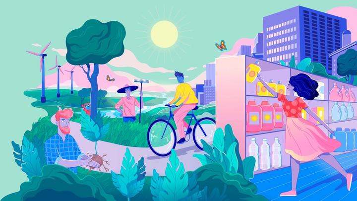 A bright and colourful Unilever illustration featuring four different people going about their daily activities