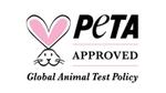 PETA Approved logo - white bunny face with 'Global Animal Test Policy'